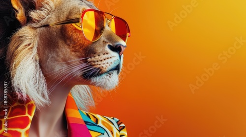 Lion with sunglasses on ornage background photo