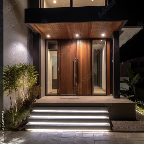 The entrance of a modern house with a wooden door and steps lit by led lights. photo