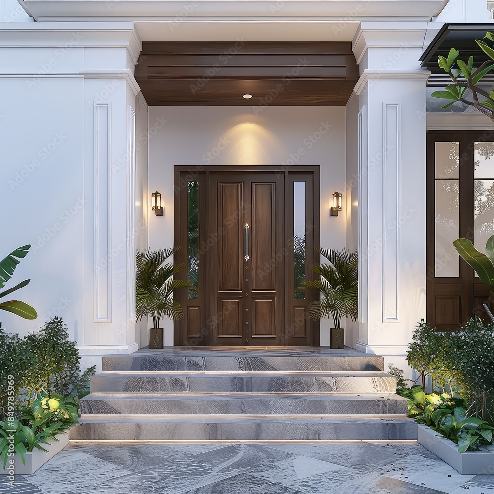 The modern house exterior with brown wooden door and white walls. The modern house exterior with brown wooden door and white walls.