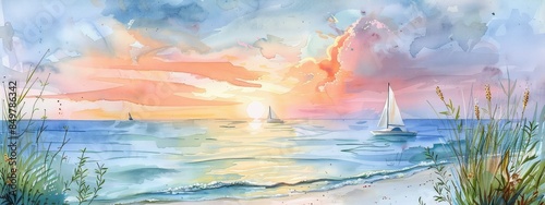 A beautiful watercolor painting of a beach scene. The sun is setting over the ocean, and there are sailboats on the water. The beach is covered in soft sand and green grass.