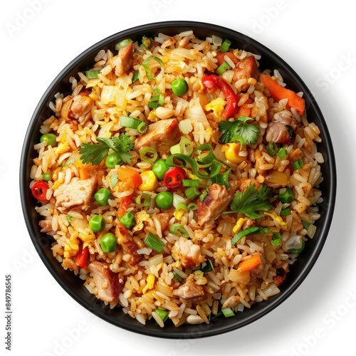 colorful homemade asian-style fried rice in black bowl top view