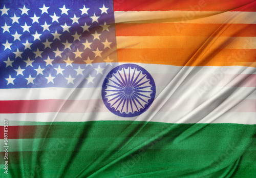 Photography American flag and India flag united together composite blend