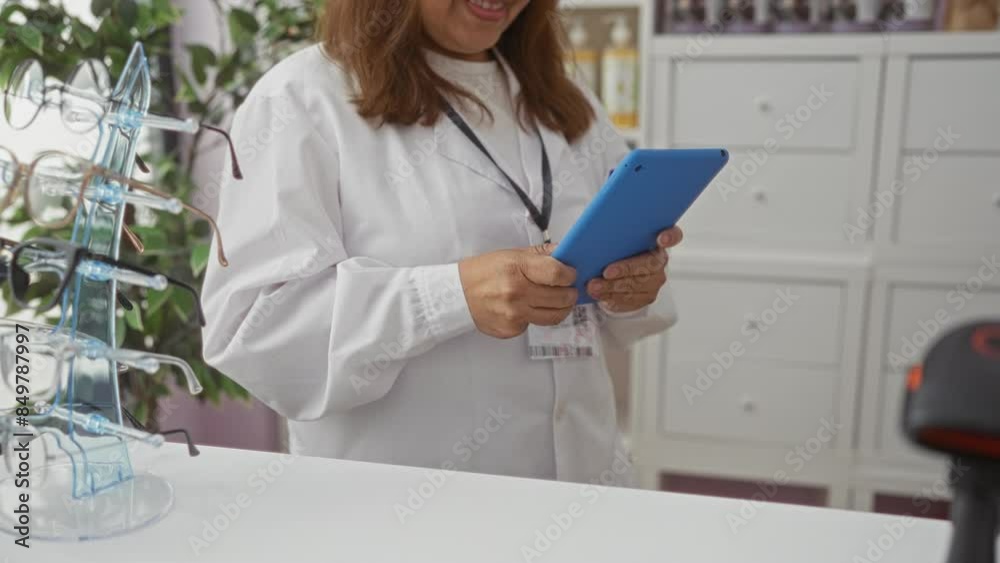 Hispanic woman in white lab coat using a blue tablet in a pharmacy, surrounded by shelves and eyeglass frames, showcasing a professional and modern drugstore environment. Hispanic woman in white lab coat using a blue tablet in a pharmacy, surrounded by shelves and eyeglass frames, showcasing a professional and modern drugstore environment.