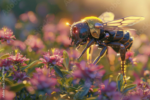 A robotic bee pollinating flowers in a field  © grey