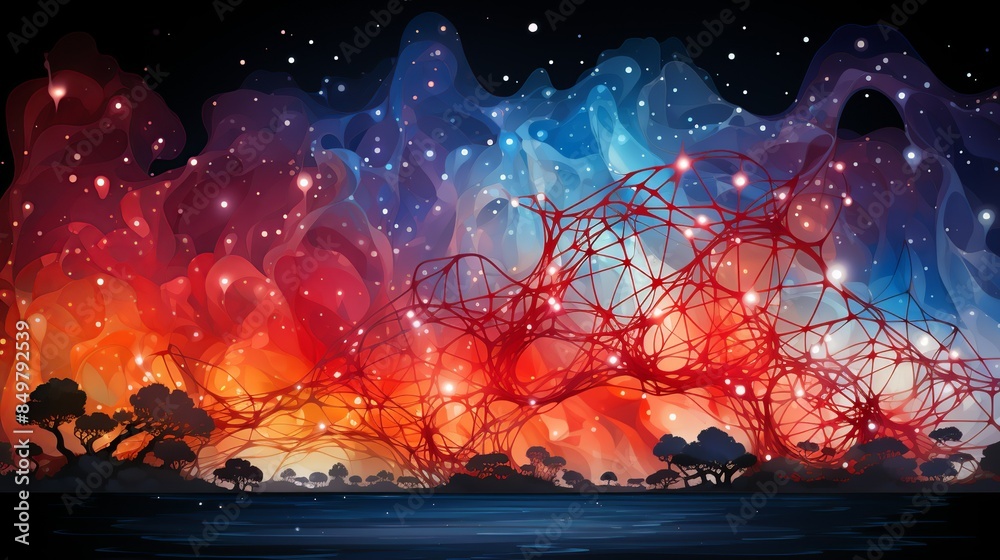 Obraz premium An abstract portrayal of the cosmic web, with intricate, glowing filaments connecting clusters of galaxies, representing the large-scale structure of the universe. Flat color illustration cartoons
