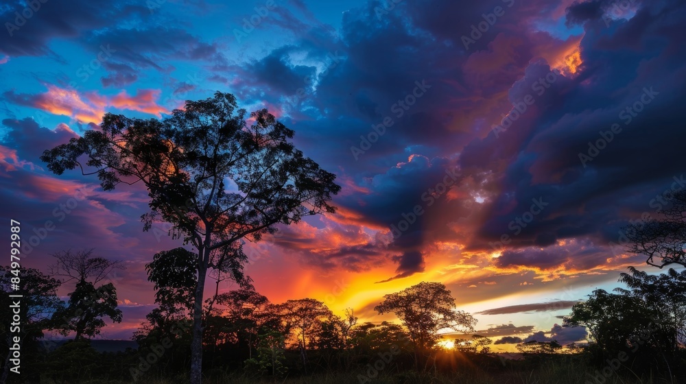 Vibrant amazon sunset with tall tree silhouettes capturing the wild beauty of the brazilian rainforest at twilight Vibrant amazon sunset with tall tree silhouettes capturing the wild beauty of the brazilian rainforest at twilight