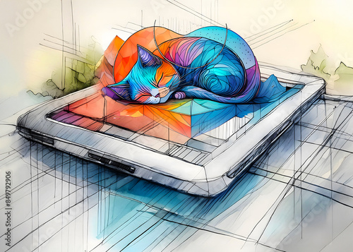 A cat sleeping on a tablet, as if it had emerged from virtual reality. Watercolor sketch AI generated. photo