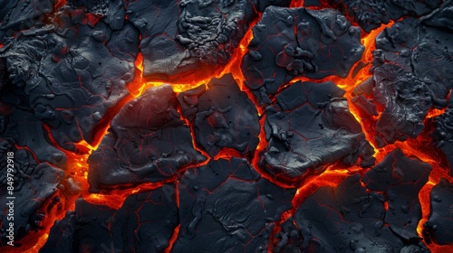 Lava texture background. Hot glowing lava closeup background, black orange heat design, top view. Abstract background of extinct lava with red gaps. 