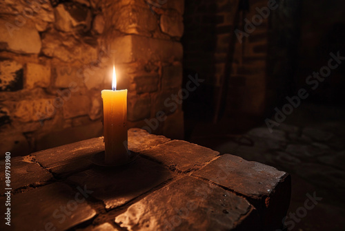 A lone candle illuminating a dark room.  © grey