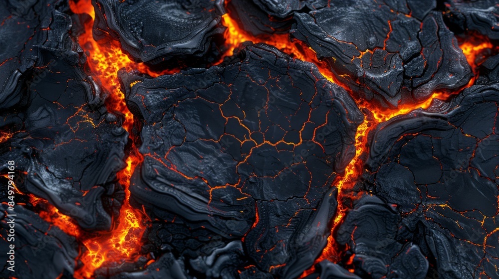 Lava texture background. Hot glowing lava closeup background, black orange heat design, top view. Abstract background of extinct lava with red gaps. Lava texture background. Hot glowing lava closeup background, black orange heat design, top view. Abstract background of extinct lava with red gaps.