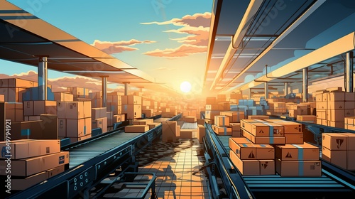 Conveyor belts laden with crates of products, illustrating the flow of goods in a modern supply chain. Flat color illustration, photo