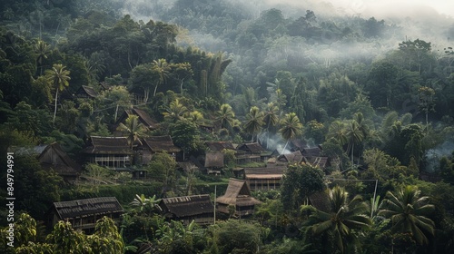 Traditional tana toraja village surrounded by lush green tropical forest with smoke rising, sulawesi, indonesia © Shozib
