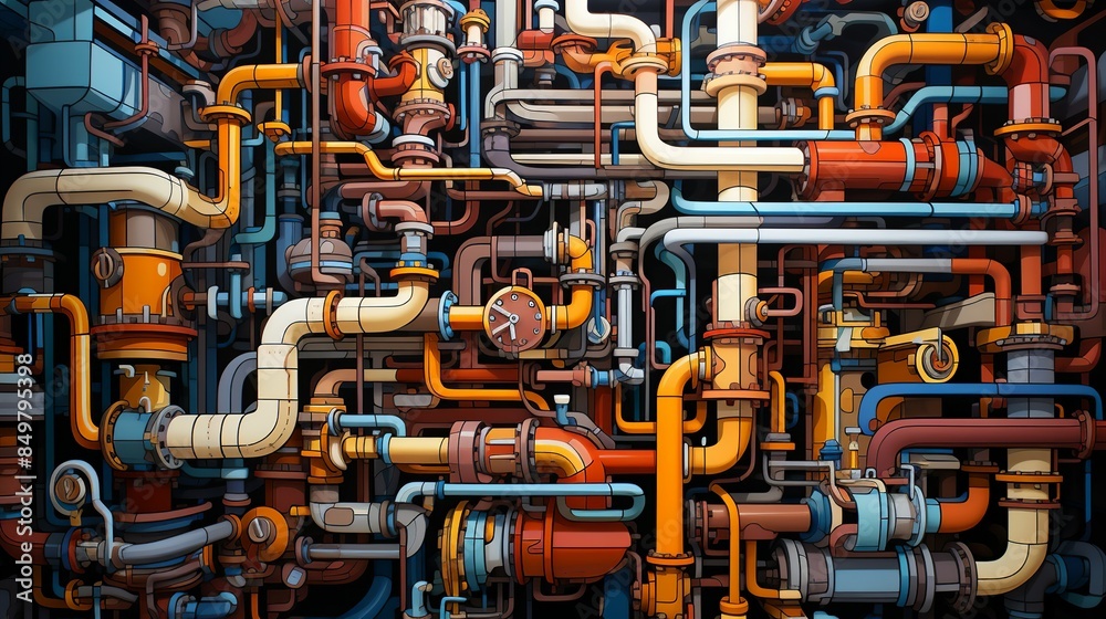 Pipes and valves arranged in a labyrinthine pattern, symbolizing the intricate infrastructure of a refinery. Flat color illustration, Pipes and valves arranged in a labyrinthine pattern, symbolizing the intricate infrastructure of a refinery. Flat color illustration,