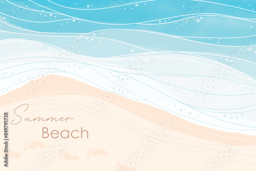 Abstract blue beach watercolor waves background. Summer beach banner. Watercolor texture. Summer sea poster template. Sea waves abstract backgrounds. Turquoise rippled water texture background.