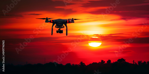 Drone flying high against a colorful sunset backdrop © Muhammad
