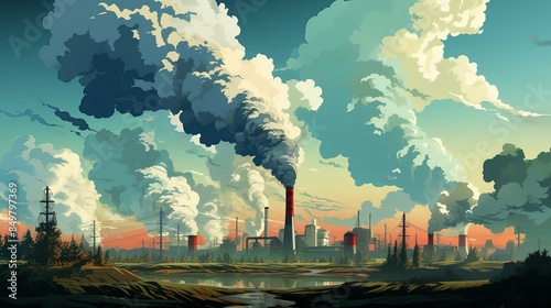 Smokestacks belching plumes of exhaust into the atmosphere, raising questions about the environmental impact of industry. Flat color illustration, photo