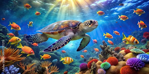 Sea turtle surrounded by colorful fish underwater, sea turtle, underwater, marine life, ocean, aquatic animals, nature