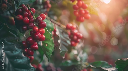 Sunlight illumines the dew on ripe coffee cherries amidst vibrant green foliage on a plantation