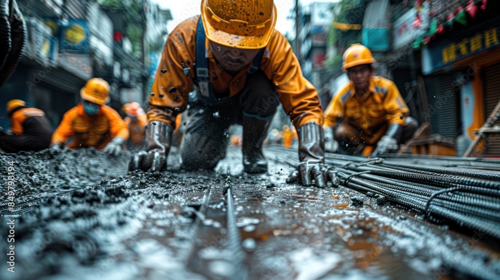 Construction Workers Laying Rebar on a Wet Road Construction Workers Laying Rebar on a Wet Road