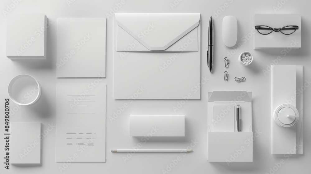 Elegant white stationery and branding mockup setup for showcasing business and corporate identity designs Elegant white stationery and branding mockup setup for showcasing business and corporate identity designs