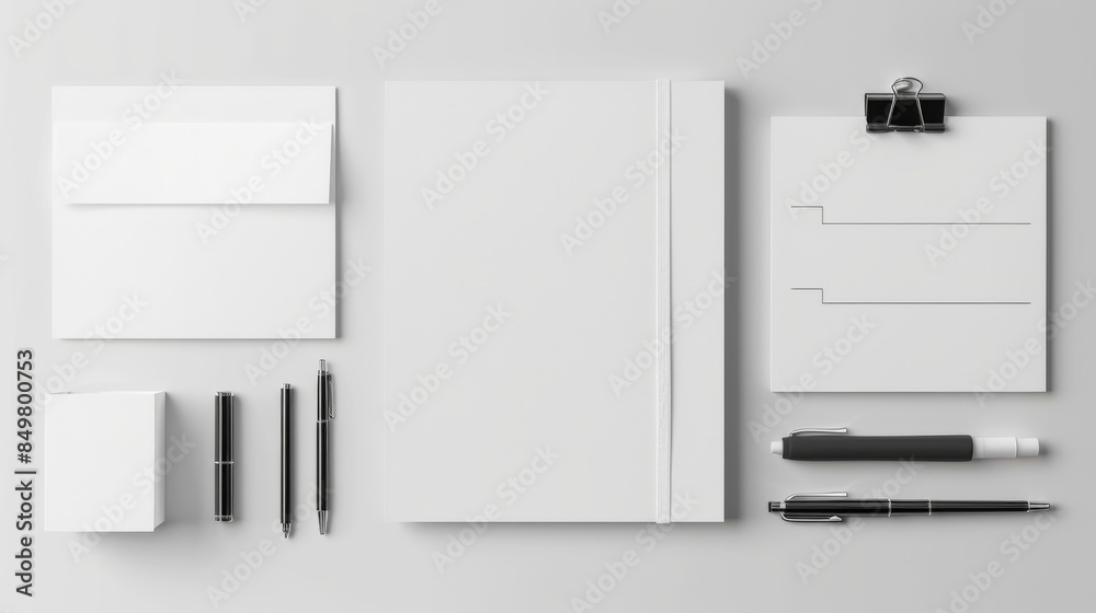 A perfectly aligned stationery set consisting of paper, envelopes, and writing tools on a gray background Ideal for a professional or corporate presentation A perfectly aligned stationery set consisting of paper, envelopes, and writing tools on a gray background Ideal for a professional or corporate presentation