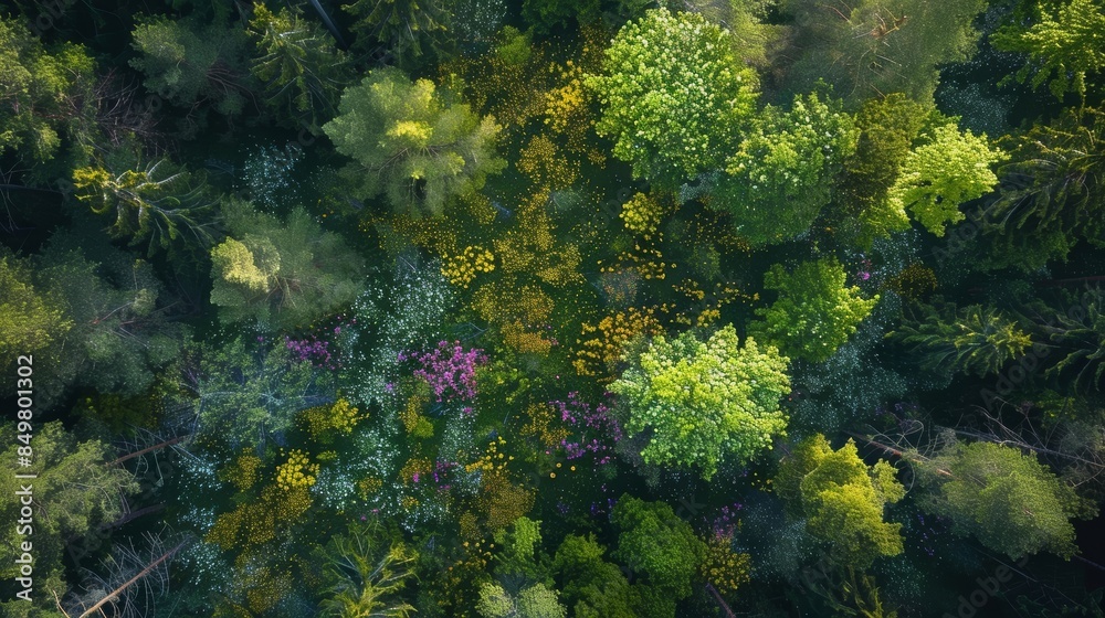 Aerial view of a lush green forest with blooming trees and flowers in the spring Aerial view of a lush green forest with blooming trees and flowers in the spring