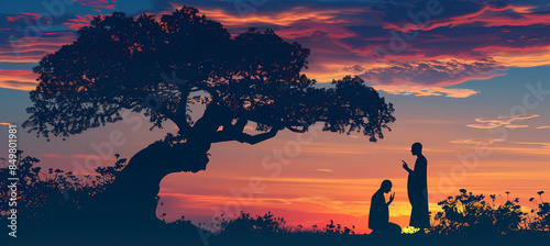 Man is worshipping a spiritual teacher. Happy Guru Purnima. Day Of Honoring. Indian Hindu festival celebration. Religion concept. Illustration for greeting card, banner, poster