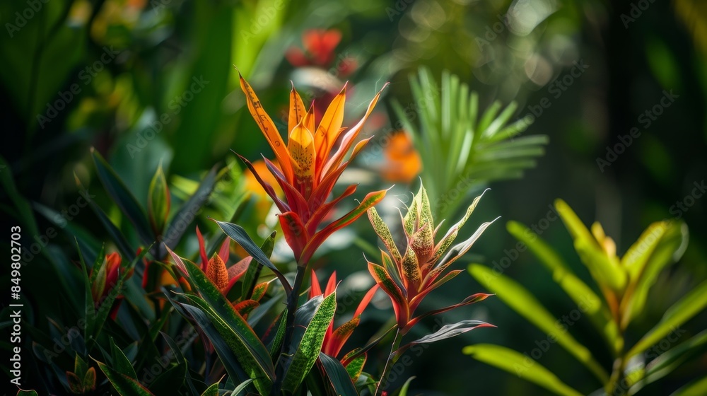Vibrant red and yellow bromeliad flowers thriving in lush tropical garden, adding natural beauty to vibrant setting. Admire gorgeous flowers in full bloom basking in summer garden sunlight Vibrant red and yellow bromeliad flowers thriving in lush tropical garden, adding natural beauty to vibrant setting. Admire gorgeous flowers in full bloom basking in summer garden sunlight