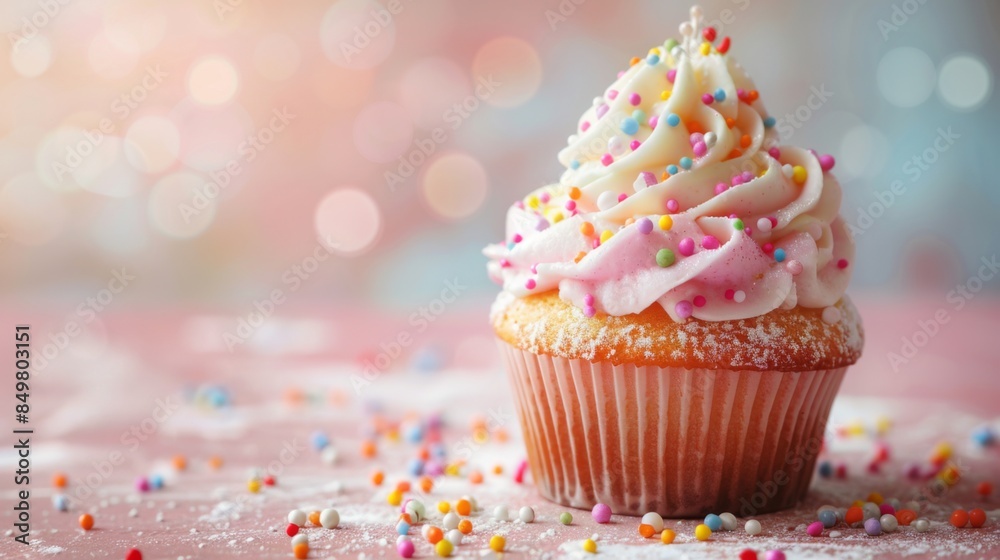 A delectable vanilla cupcake with whipped frosting and festive sprinkles, perfect for celebrations or treats A delectable vanilla cupcake with whipped frosting and festive sprinkles, perfect for celebrations or treats