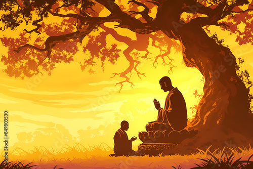 Man is worshipping a spiritual teacher. Happy Guru Purnima. Day Of Honoring. Indian Hindu festival celebration. Religion concept. Illustration for greeting card, banner, poster
