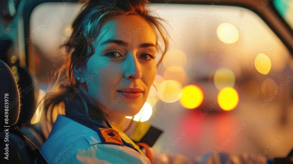 Female Emergency Responder in Uniform Inside Vehicle at Night Female Emergency Responder in Uniform Inside Vehicle at Night