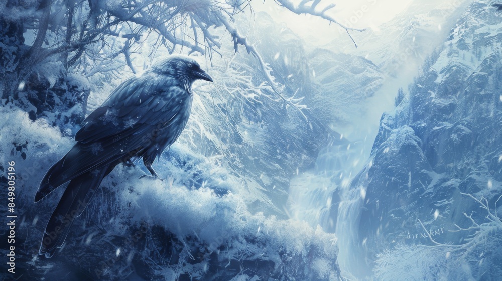 Fototapeta premium A raven perches solemnly in a snow-covered forest, evoking a sense of winter's chill and solitude