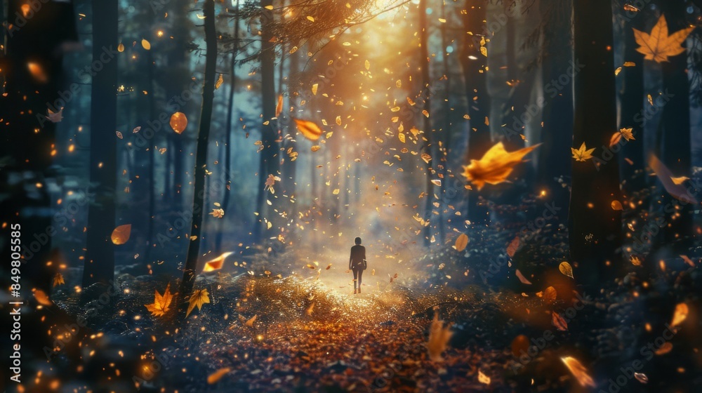 A figure stands on a lit path surrounded by glowing, fiery leaves in a mystical, enchanting forest setting A figure stands on a lit path surrounded by glowing, fiery leaves in a mystical, enchanting forest setting