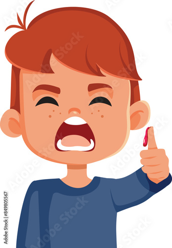 Suffering Boy Suffering a Finger Injury Vector Cartoon Illustration. Little kid screaming after seeing bloody wound 

