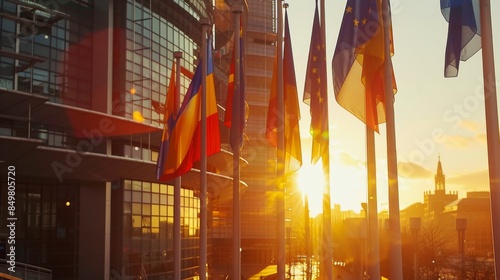 European Union and other national flags displayed against a sunset, symbolizing international relations and diplomacy