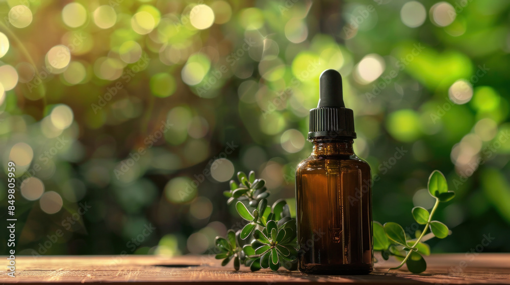 sential Oil Dropper Bottle with Fresh Herbs on a Wooden Surface sential Oil Dropper Bottle with Fresh Herbs on a Wooden Surface