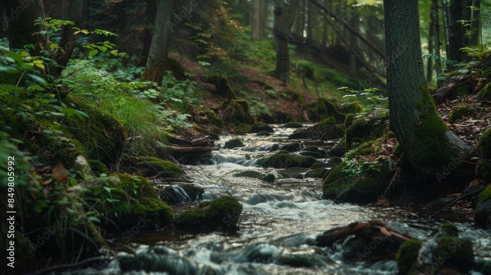 Small river flowing through a green forest in the summer with mossy rocks and trees Small river flowing through a green forest in the summer with mossy rocks and trees