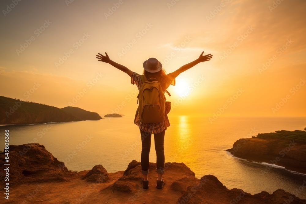 Fototapeta premium Backpack sunset travel beach.