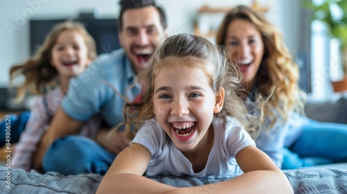 A laughing young girl is in sharp focus while lying on a bed with her family in blur behind her