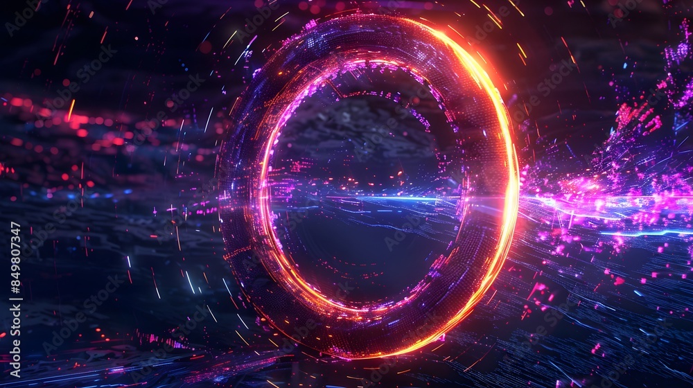 Obraz premium Glitch circle. Distorted glowing circle cyberpunk style. Futuristic round shape with TV interference effect. Design for promo music events, games, web, banners, backgrounds. 