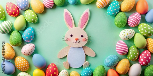 Cute paper cutout of Easter bunny surrounded by colorful eggs, Easter, bunny, eggs, cutout, paper, decoration, holiday, celebration © guntapong