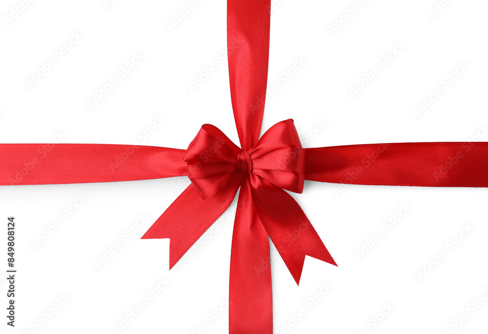 Red satin ribbon with bow isolated on white, top view Red satin ribbon with bow isolated on white, top view