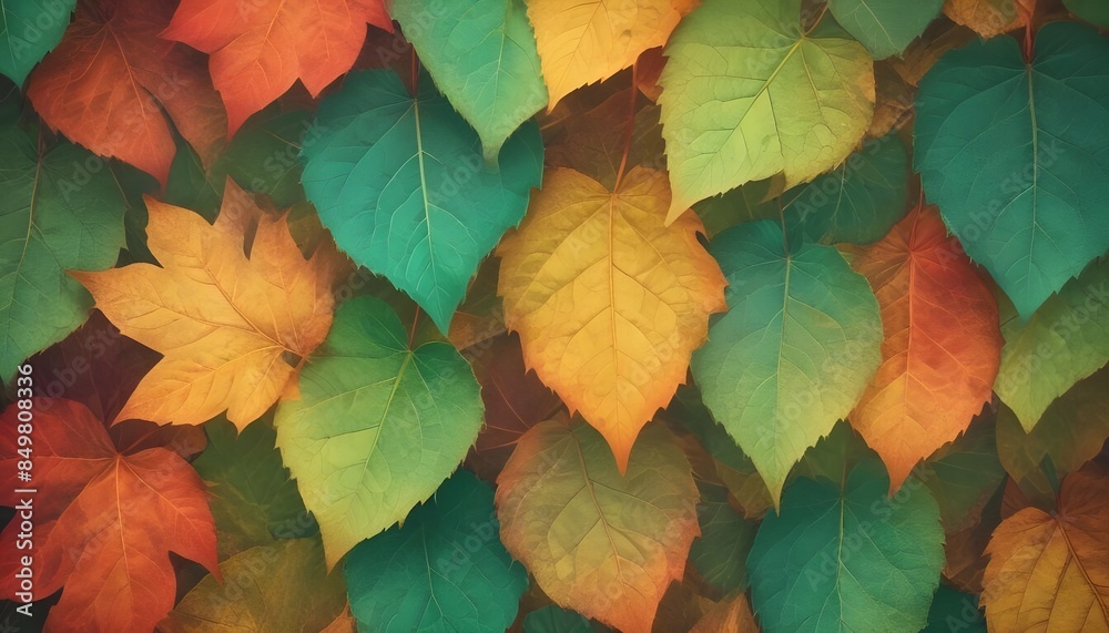 Textured leaf background with a mix of large and small leaves in shades of green, brown, and gold Textured leaf background with a mix of large and small leaves in shades of green, brown, and gold
