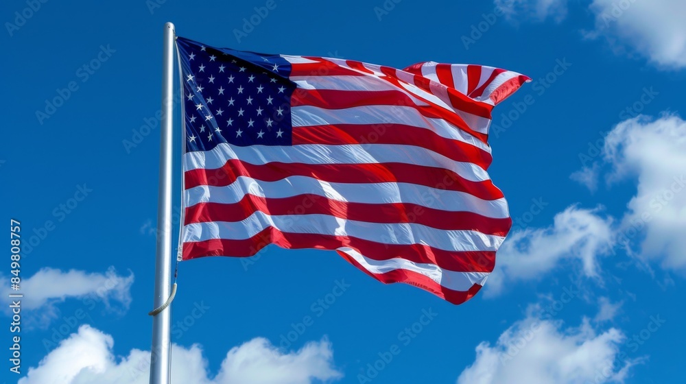 A vibrant American flag unfurls in a clear blue sky, symbolizing patriotism and national pride