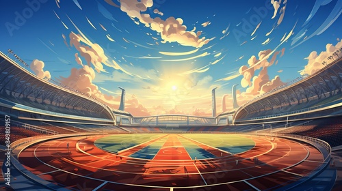 A sports stadium where athletes train with AI coaches and performance trackers. Flat color illustration,