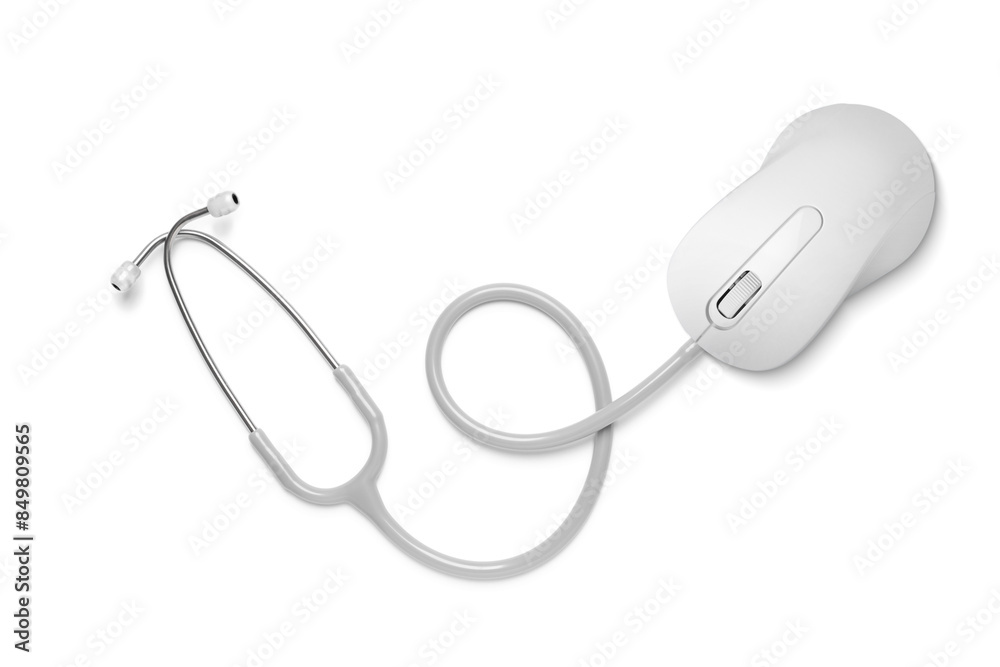 Stethoscope with computer mouse isolated on white, top view. Online medicine Stethoscope with computer mouse isolated on white, top view. Online medicine