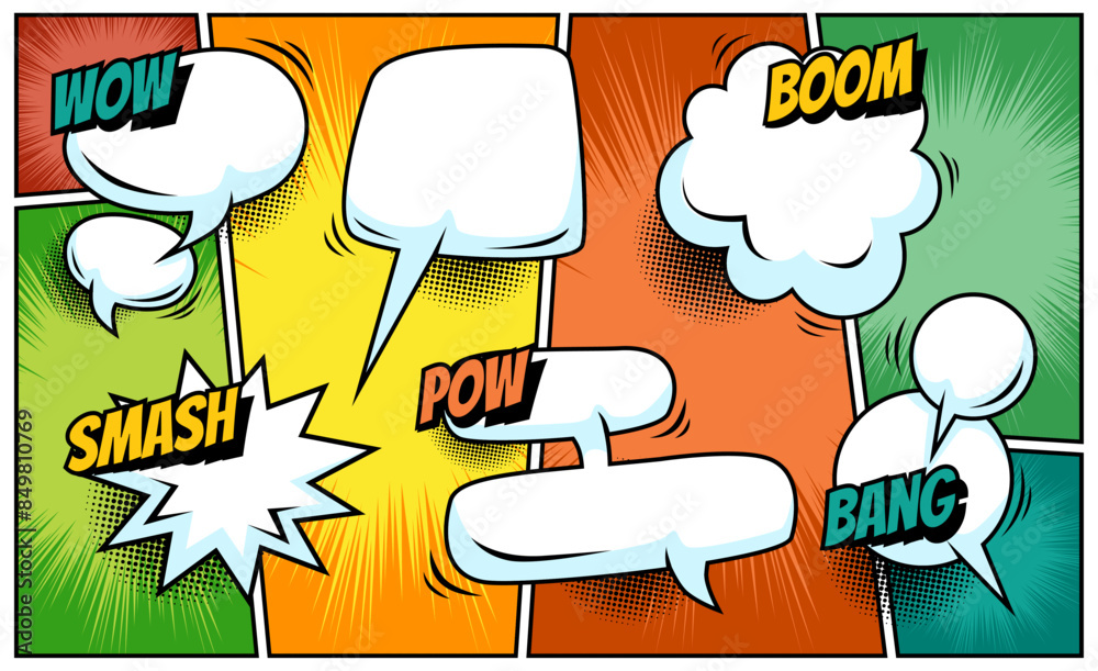 Colorful comic scene background with blank speech bubble expression