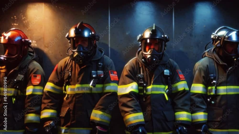 Four firefighters in protective gear are standing in front of an elevator. Four firefighters in protective gear are standing in front of an elevator.