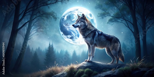 Majestic wolf under the moonlight in the dark forest, wolf, dark, night, moonlight, forest, wildlife, predator, mysterious