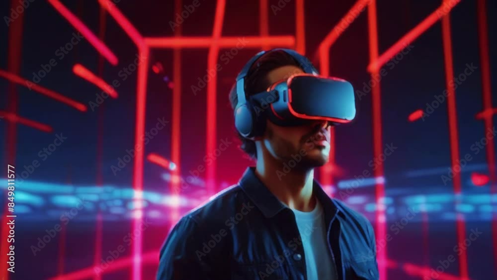 This is a video of a person wearing a virtual reality headset. The headset is black and gray, and the person is wearing a black shirt. The background is a red and blue grid of lights. This is a video of a person wearing a virtual reality headset. The headset is black and gray, and the person is wearing a black shirt. The background is a red and blue grid of lights.